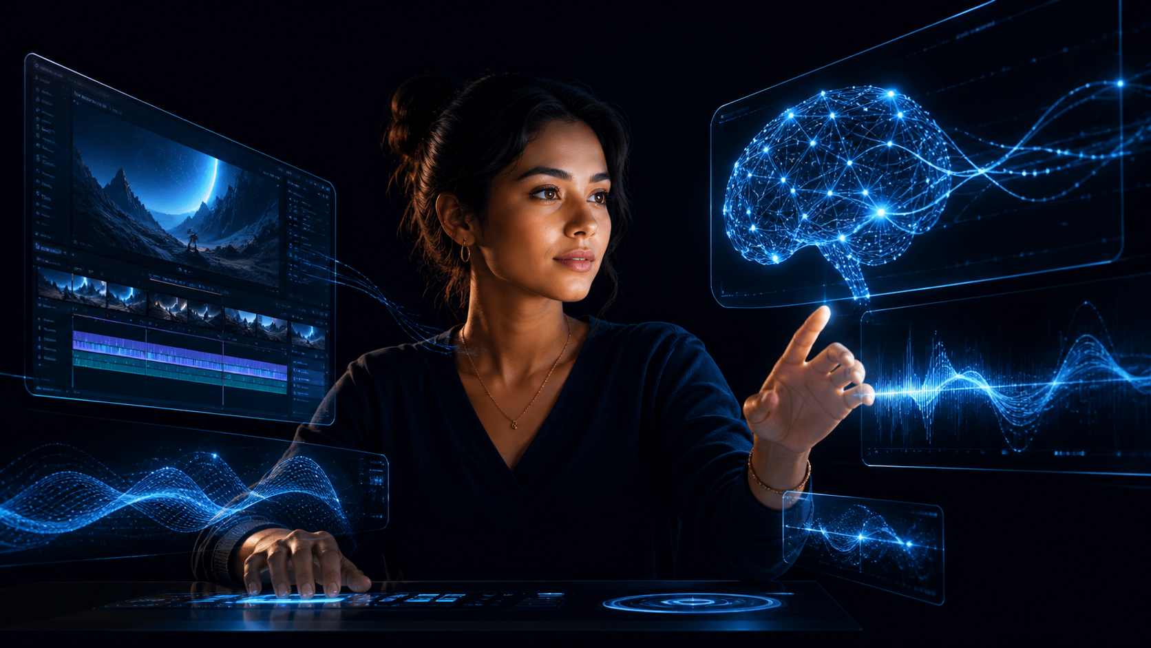mujer tocando un cerebro holográfico que representa una inteligencia artificial